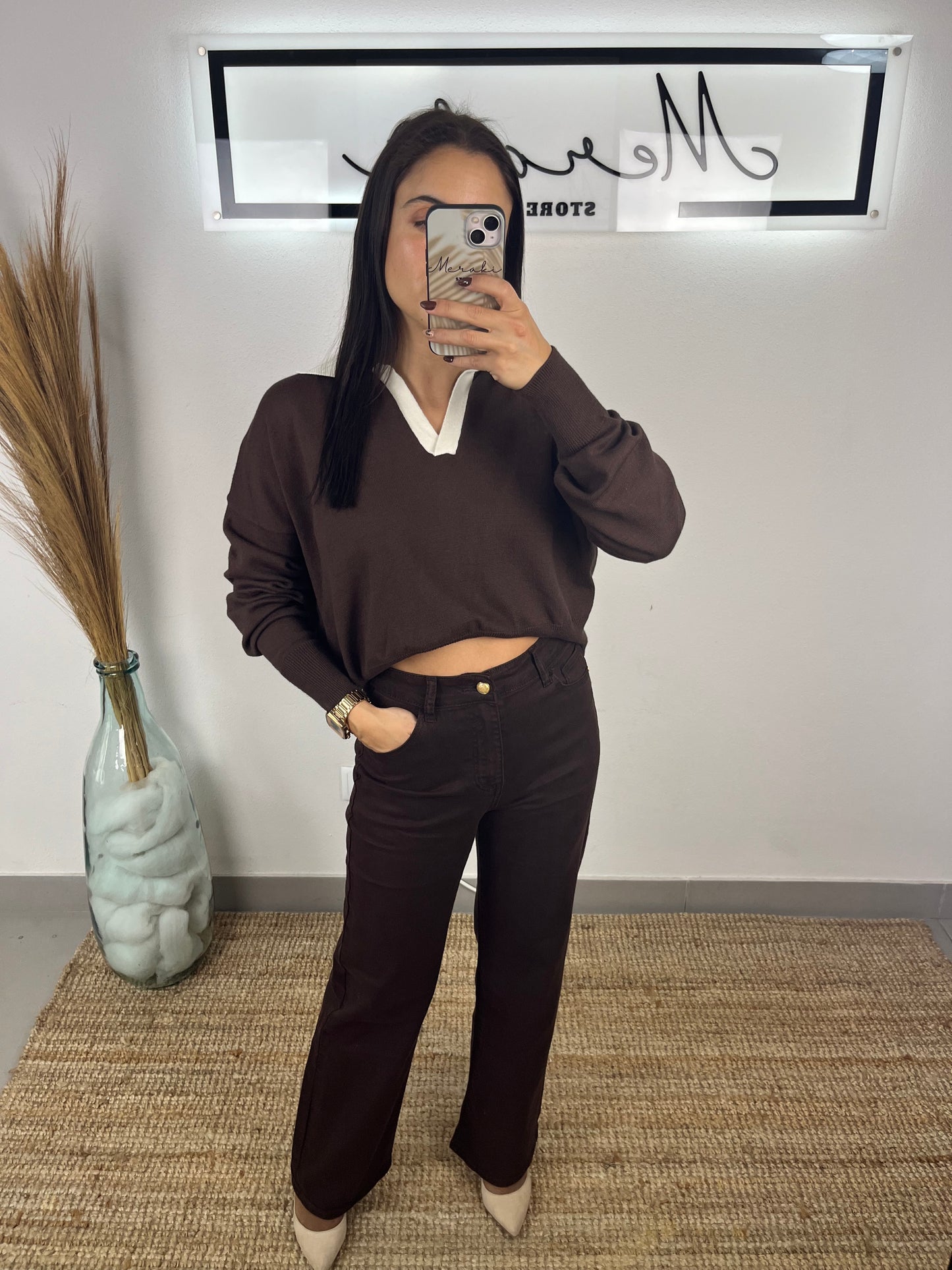 Calça castanha Wide Leg